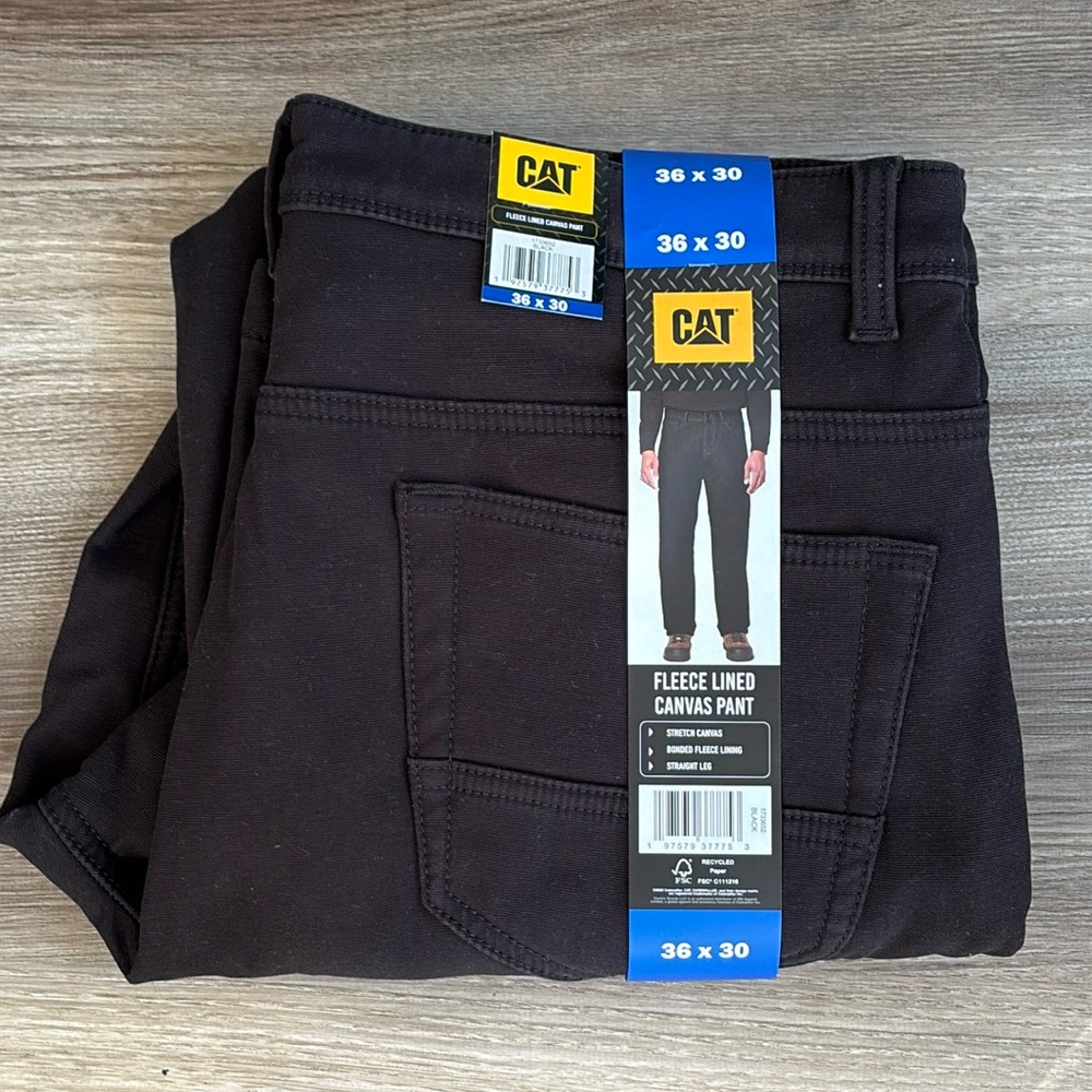 CAT Men Fleece Line Lined Canvas Pant 36 Waist 36x30 Black Caterpillar Work New